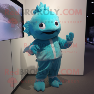 Cyan Cod mascot costume character dressed with a Romper and Cummerbunds