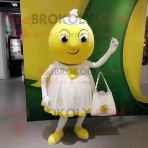 White Lemon mascot costume character dressed with a Mini Dress and Handbags