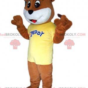 Brown bear mascot touching, with his yellow jersey -