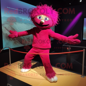 Magenta Tightrope Walker mascot costume character dressed with a Sweatshirt and Cummerbunds