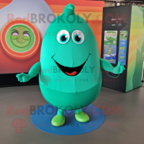 Turquoise Cucumber mascot costume character dressed with a Circle Skirt and Foot pads