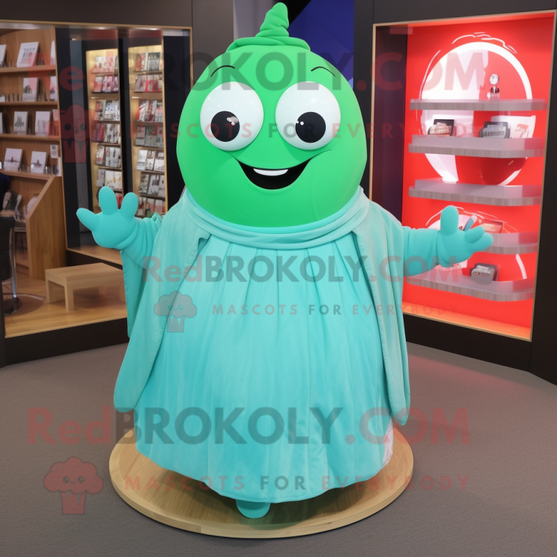 Turquoise Cucumber mascot costume character dressed with a Circle Skirt and Foot pads