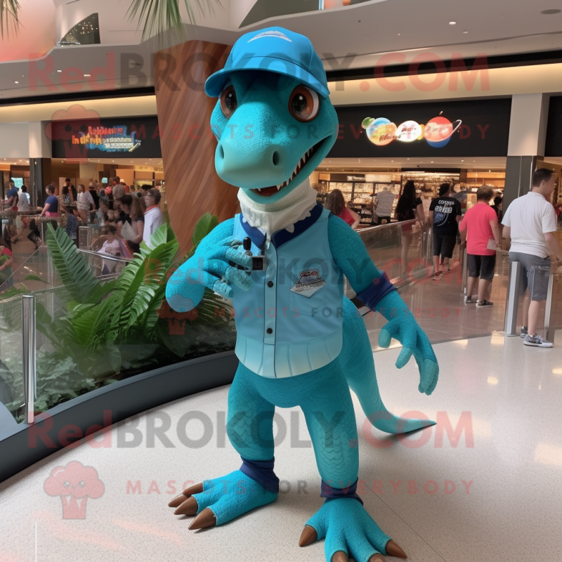 Turquoise Deinonychus mascot costume character dressed with a Rash Guard and Suspenders