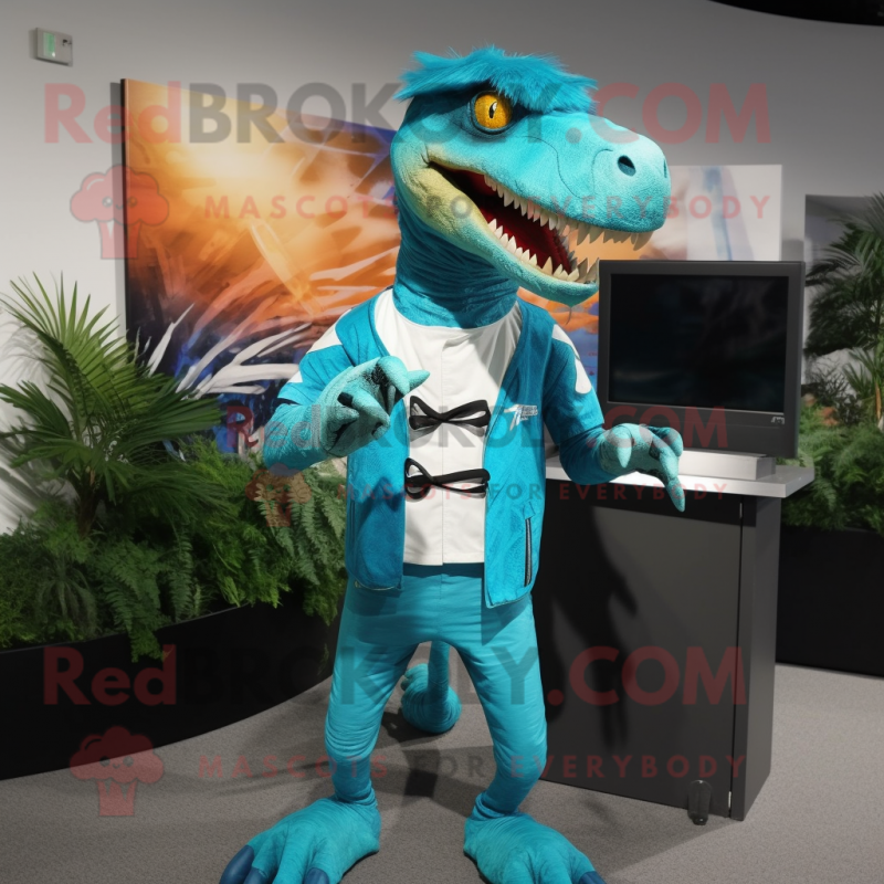 Turquoise Deinonychus mascot costume character dressed with a Rash Guard and Suspenders