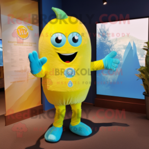 Turquoise Lemon mascot costume character dressed with a Romper and Cummerbunds