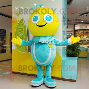Turquoise Lemon mascot costume character dressed with a Romper and Cummerbunds