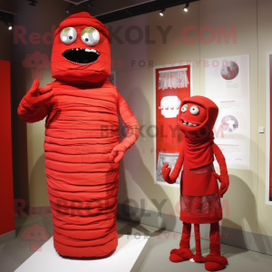 Red Mummy mascot costume character dressed with a Midi Dress and Hairpins