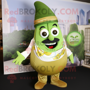 Olive Gyro mascot costume character dressed with a Graphic Tee and Brooches