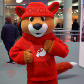 Red Mongoose mascot costume character dressed with a Sweater and Caps