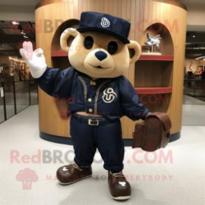 Navy Baseball Glove mascot costume character dressed with a Bomber Jacket and Messenger bags