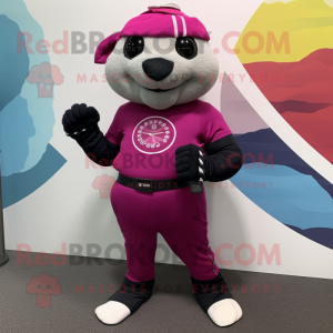 Magenta Navy Seal mascot costume character dressed with a Yoga Pants and Bracelet watches