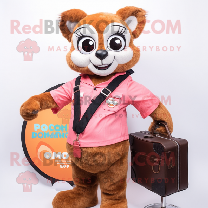 Peach Lemur mascot costume character dressed with a Overalls and Briefcases