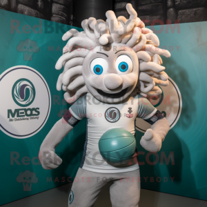 Silver Medusa mascot costume character dressed with a Rugby Shirt and Rings