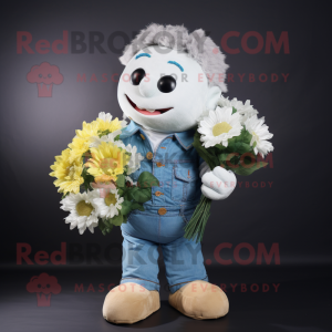 White Bouquet Of Flowers mascot costume character dressed with a Denim Shirt and Wraps
