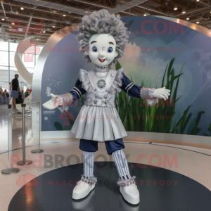 Silver Irish Dancer mascot costume character dressed with a Polo Tee and Hairpins