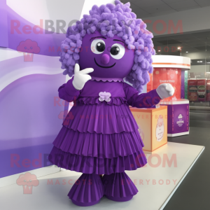 Purple Candy Box mascot costume character dressed with a Pleated Skirt and Hair clips
