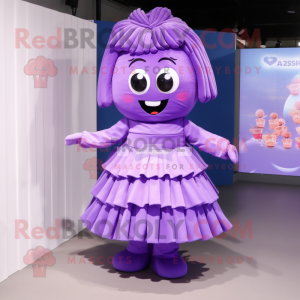 Purple Candy Box mascot costume character dressed with a Pleated Skirt and Hair clips