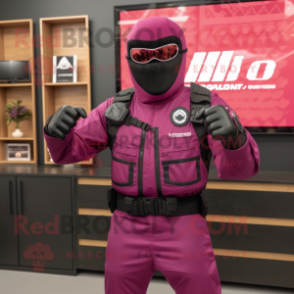 Magenta Gi Joe mascot costume character dressed with a Biker Jacket and Eyeglasses