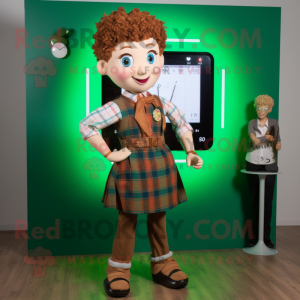 Tan Irish Dancer mascot costume character dressed with a Flannel Shirt and Digital watches