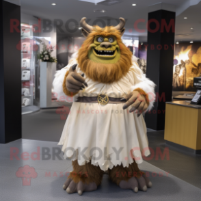 Brown Ogre mascot costume character dressed with a Wedding Dress and Belts