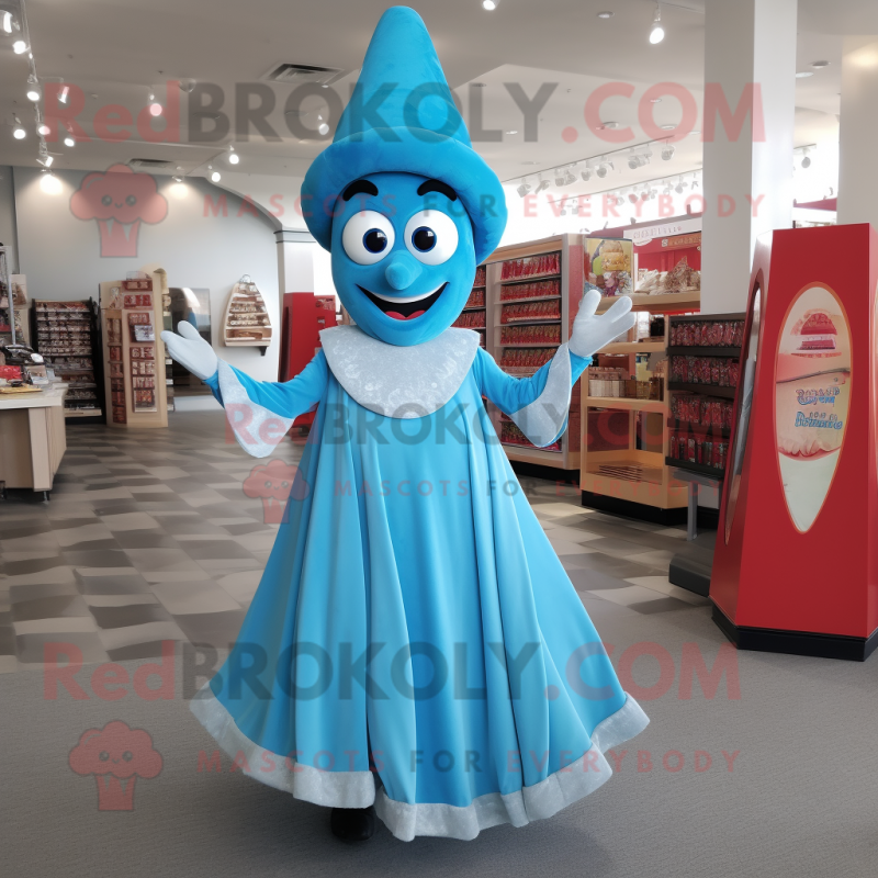 Sky Blue Tikka Masala mascot costume character dressed with a Ball Gown and Hats