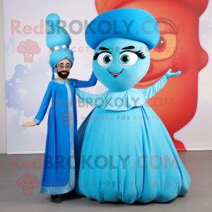Sky Blue Tikka Masala mascot costume character dressed with a Ball Gown and Hats