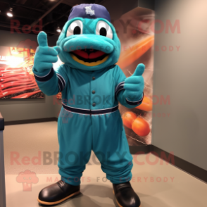 Teal Baseball Glove mascot costume character dressed with a Turtleneck and Mittens