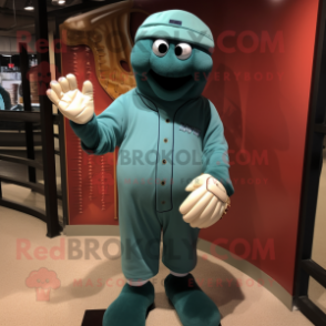 Teal Baseball Glove mascot costume character dressed with a Turtleneck and Mittens