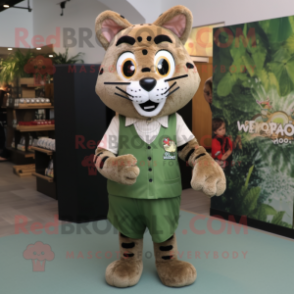 Olive Bobcat mascot costume character dressed with a Midi Dress and Lapel pins