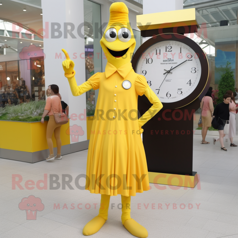 Yellow Stilt Walker mascot costume character dressed with a Sheath Dress and Digital watches