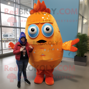 Orange Fish Tacos mascot costume character dressed with a Bootcut Jeans and Mittens