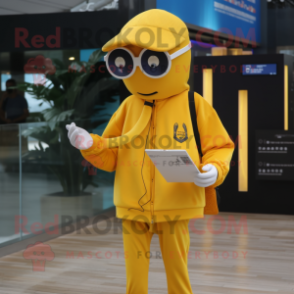 Gold Squid mascot costume character dressed with a Polo Shirt and Reading glasses