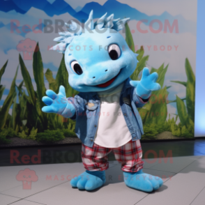 Sky Blue Axolotls mascot costume character dressed with a Flannel Shirt and Gloves