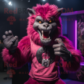 Magenta Werewolf mascot costume character dressed with a T-Shirt and Rings