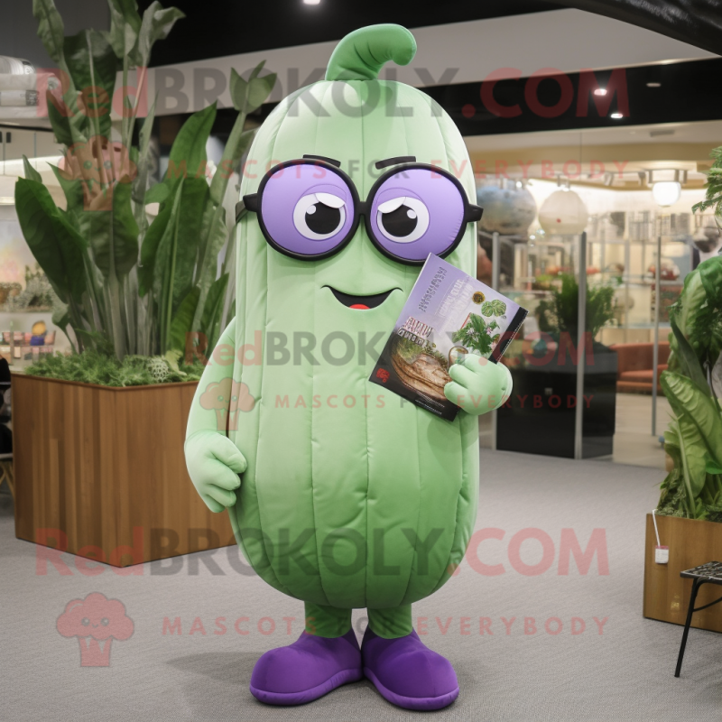 Lavender Cucumber mascot costume character dressed with a Dress Pants and Reading glasses