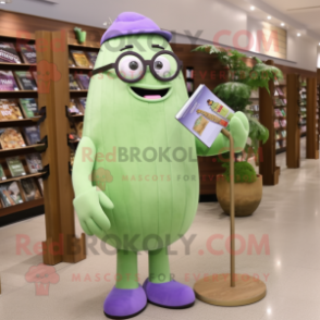 Lavender Cucumber mascot costume character dressed with a Dress Pants and Reading glasses