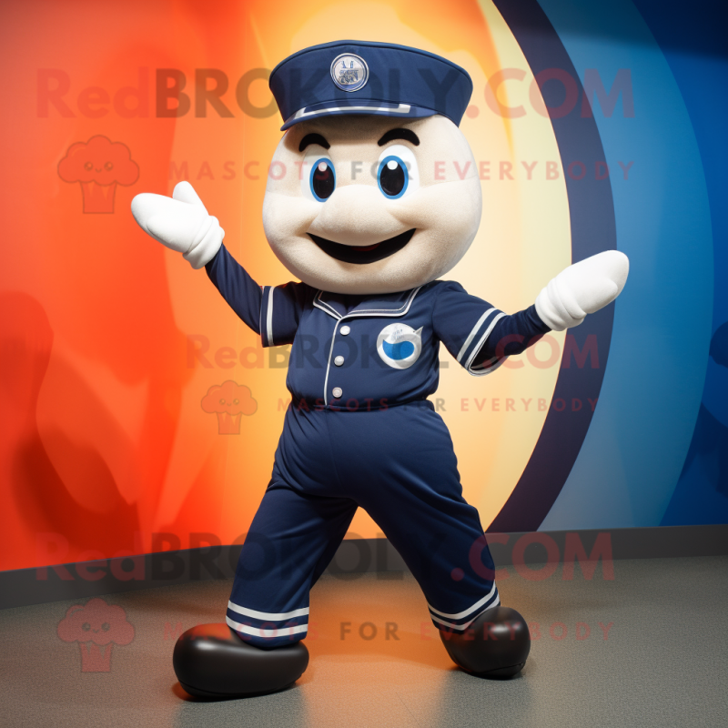 Navy Juggle mascot costume character dressed with a Jumpsuit and Foot pads