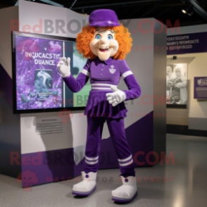 Purple Irish Dancer mascot costume character dressed with a Capri Pants and Mittens