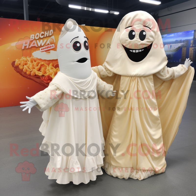 Beige Nachos mascot costume character dressed with a Wedding Dress and Shawls