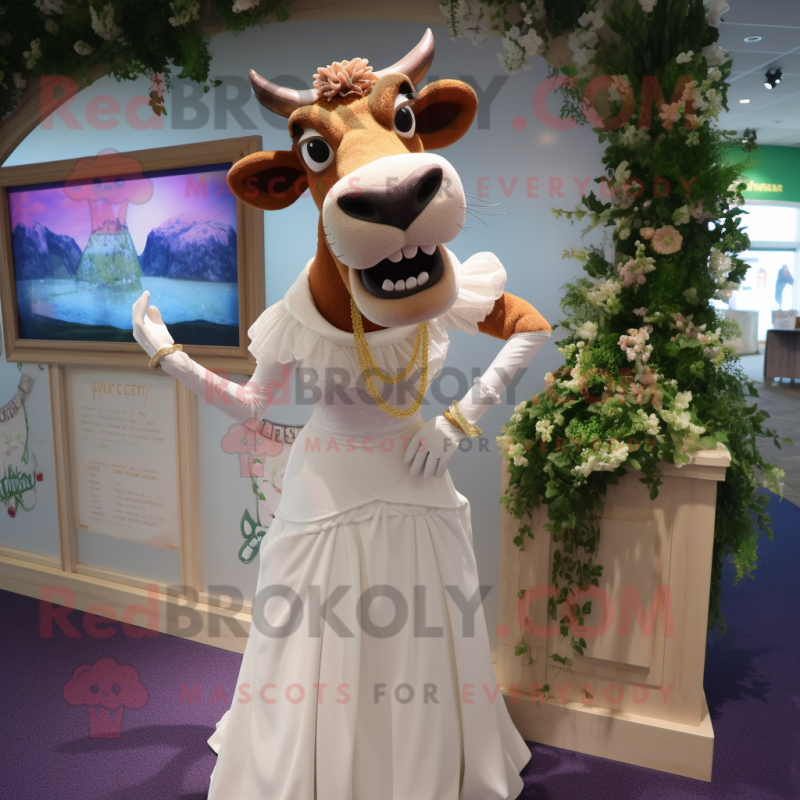 Tan Guernsey Cow mascot costume character dressed with a Wedding Dress and Rings