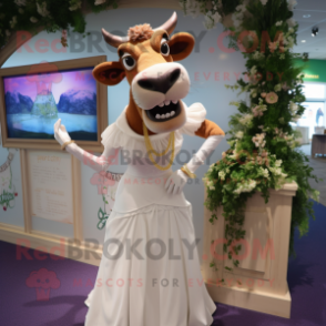 Tan Guernsey Cow mascot costume character dressed with a Wedding Dress and Rings