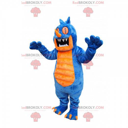 Blauw en geel monster mascotte met psychedelische ogen -