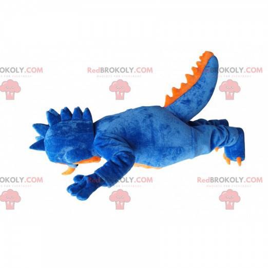 Blauw en geel monster mascotte met psychedelische ogen -