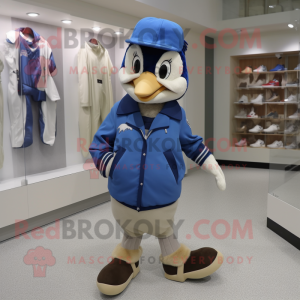 Beige Blue Jay mascot costume character dressed with a Parka and Shoe clips