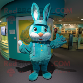 Turquoise Rabbit mascot costume character dressed with a Bodysuit and Berets