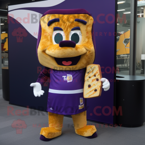 Purple Grilled Cheese Sandwich mascot costume character dressed with a Rugby Shirt and Cummerbunds