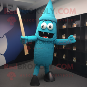 Cyan Knife Thrower mascot costume character dressed with a Sweater and Hats