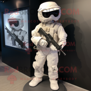 White Marine Recon mascot costume character dressed with a Suit and Shoe laces