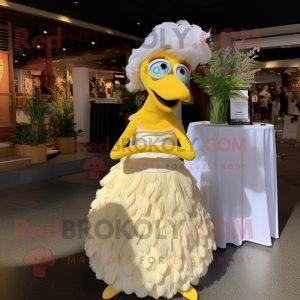 Yellow Ostrich mascot costume character dressed with a Wedding Dress and Headbands