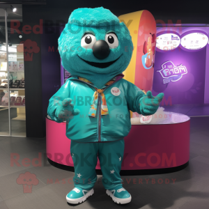 Turquoise Candy Box mascot costume character dressed with a Bomber Jacket and Scarf clips